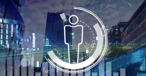 Image of icon with financial data processing over cityscape 스톡 사진