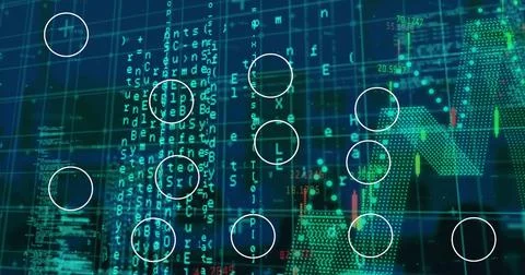 Image of icon flowchart, multiple graphs and computer language over abstrac.. Foto stock