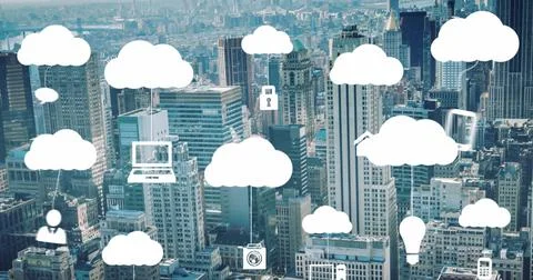 Image of icon hanging on clouds over modern cityscape in background Stock Photos