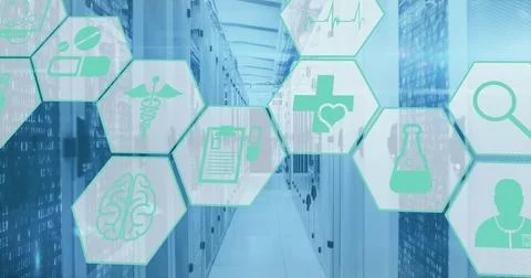 Image of icon in hexagon pattern over binary codes and lens flares against 写真素材