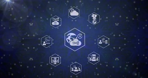 Image of icon in hexagons and dots forming mandala pattern against abstract 스톡 사진