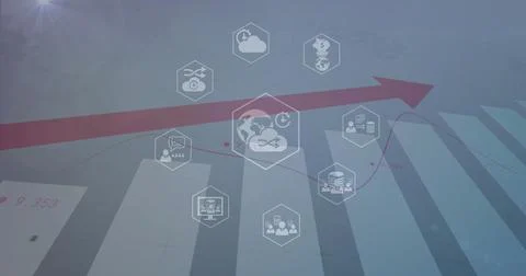 Image of icon in hexagons over bar graphs with numbers and red arrow 스톡 사진