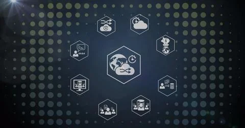 Image of icon in hexagons over circles, dots and lens flares on abstract Stock Photos