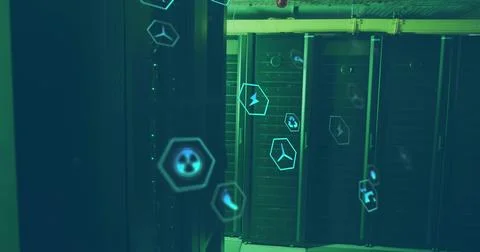 Image of icon in hexagons over data server racks in server room Illustrazione stock