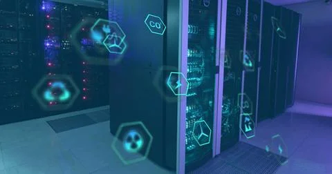 Image of icon in hexagons over data server racks in server room Stock Illustration