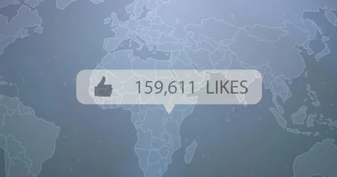 Image of like icon with increasing numbers over world map against grey Ilustração Stock
