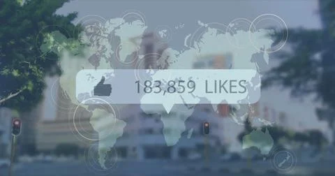 Image of like icon with increasing numbers over world map against time-lapse of Stock Illustration