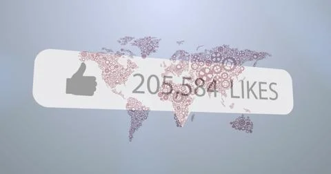 Image of like icon with increasing numbers over world map against grey Ilustração Stock