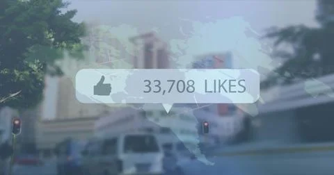 Image of like icon with increasing numbers over world map against time-lapse of Stock Illustration