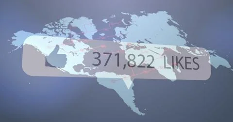Image of like icon with increasing numbers over world map against grey Ilustração Stock