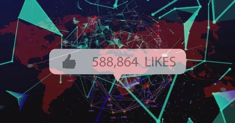 Image of like icon with increasing numbers over plexus networks against world Stock Illustration