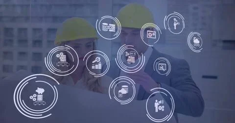 Image of icon in loading circles over caucasian engineers discussing floor plan Stock Illustration