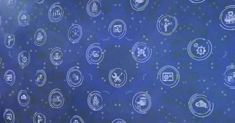 Image of icon in loading circles over lens flares and dots moving in circular Stock Photos