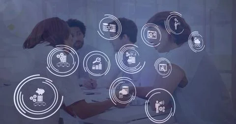 Image of icon in loading circles over diverse coworkers discussing reports in Foto stock