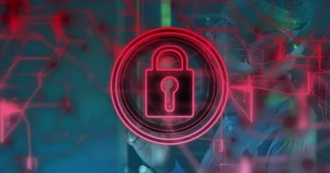 Image of icon padlock data processing over african american it man by computer Foto stock