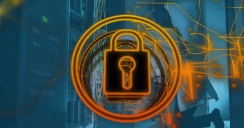 Image of icon padlock data processing over african american it woman by computer Foto stock