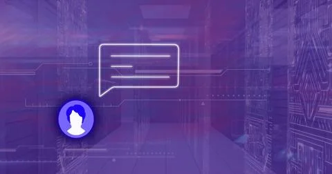 Image of icon with speech bubble and data processing over server room 写真素材