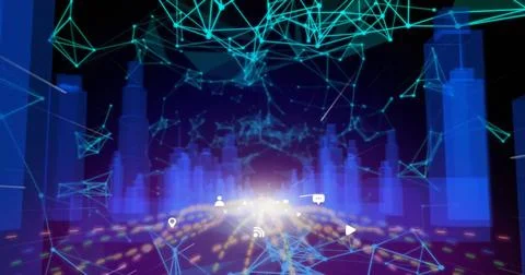 Image of icons, abstract pattern and connected dots with 3d city model over 스톡 사진