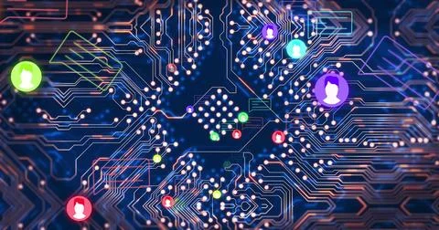 Image of icons and computer circuit board on black background Stock Photos