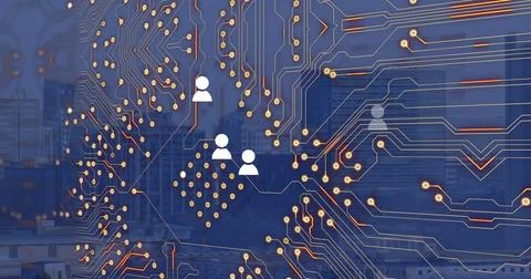 Image of icons and computer circuit board over cityscape Stock Photos