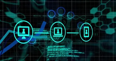 Image of icons and data processing over black background Illustrazione stock