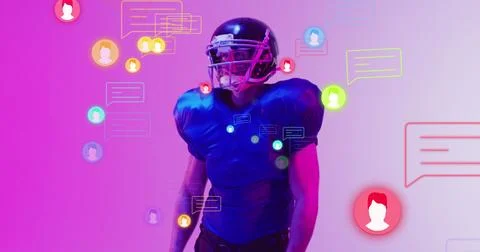 Image of icons and data processing over caucasian american football player 스톡 일러스트