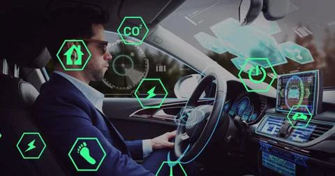 Image of icons and data processing over caucasian man sitting in car Stock Illustration