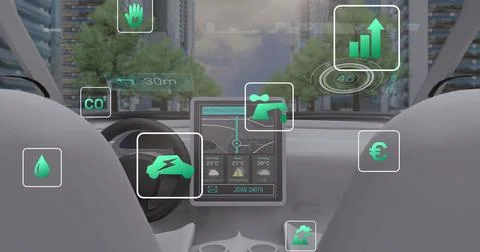 Image of icons and data processing over car interior Stock Illustration