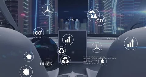 Image of icons and data processing over car interior Stockillustratie