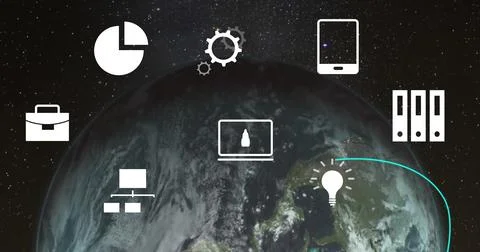 Image of icons and data processing over globe 스톡 일러스트