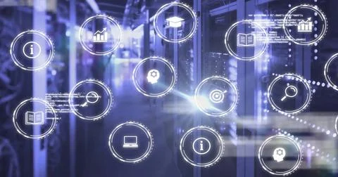 Image of icons and data processing over computer servers Stock Illustration