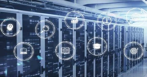 Image of icons and data processing over computer servers Illustrazione stock