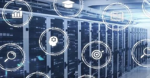 Image of icons and data processing over computer servers Illustrazione stock