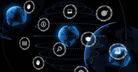 Image of icons and data processing over globes 库存插图