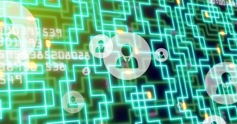 Image of icons and data processing over network of connections 库存插图