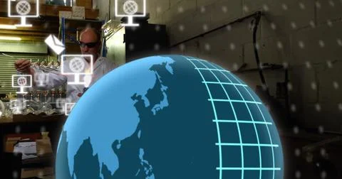 Image of icons and data processing over globe and caucasian male scientist Foto stock