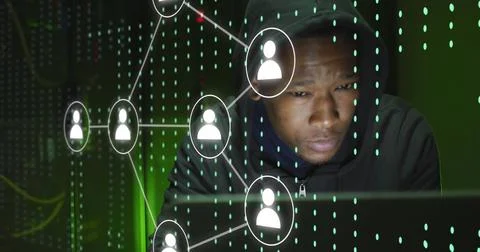 Image of icons and data processing over african american male hacker using Stock Photos