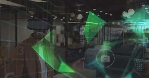 Image of icons and data processing over african american man using vr headset Stock Photos