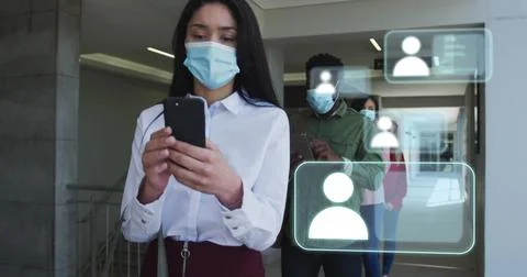 Image of icons and data processing over diverse business people standing in line Stock Photos