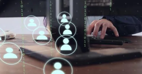 Image of icons and data processing over businessman using computer working in Stock Photos