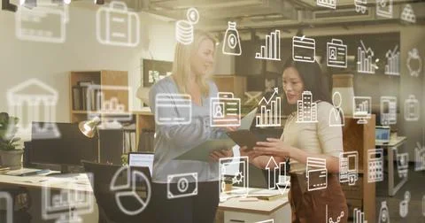 Image of icons and data processing over diverse business people working in Foto stock