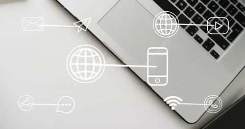 Image of icons and data processing over laptop Stock Photos