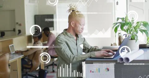 Image of icons and data processing over african american albino man in office 스톡 사진