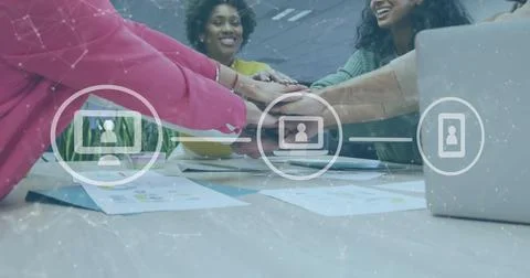 Image of icons and data processing over diverse business people stacking hands Stock Photos