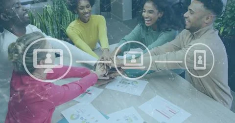 Image of icons and data processing over diverse business people stacking hands Stock Photos