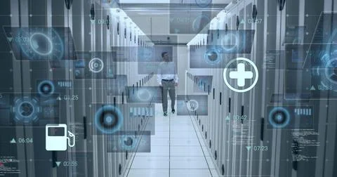 Image of icons and data processing over caucasian it engineer and computer Stock Photos