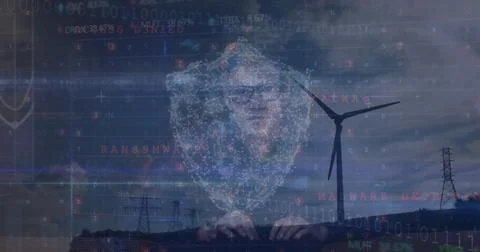 Image of icons and data processing over caucasian hacker and wind turbine Foto stock