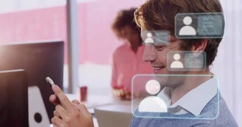 Image of icons and data processing over caucasian businessman in office Stock Photos