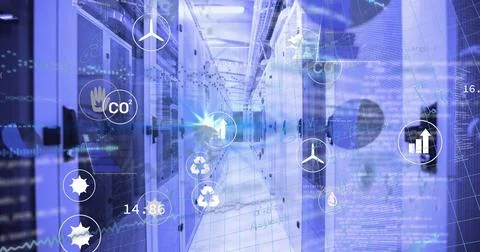 Image of icons and data processing over server room 스톡 사진