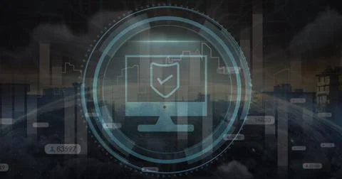 Image of icons and data processing over cityscape Fotos de archivo